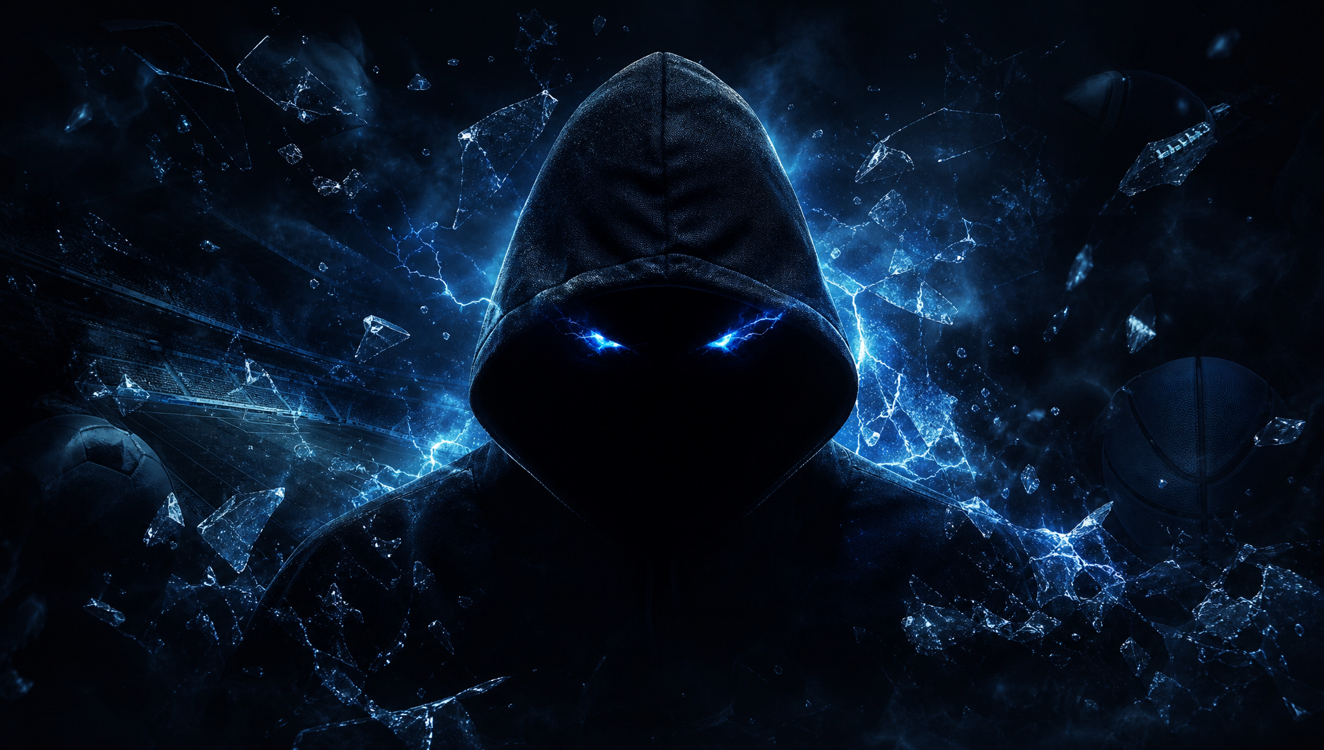 Hooded silhouette surrounded by electric blue lightning